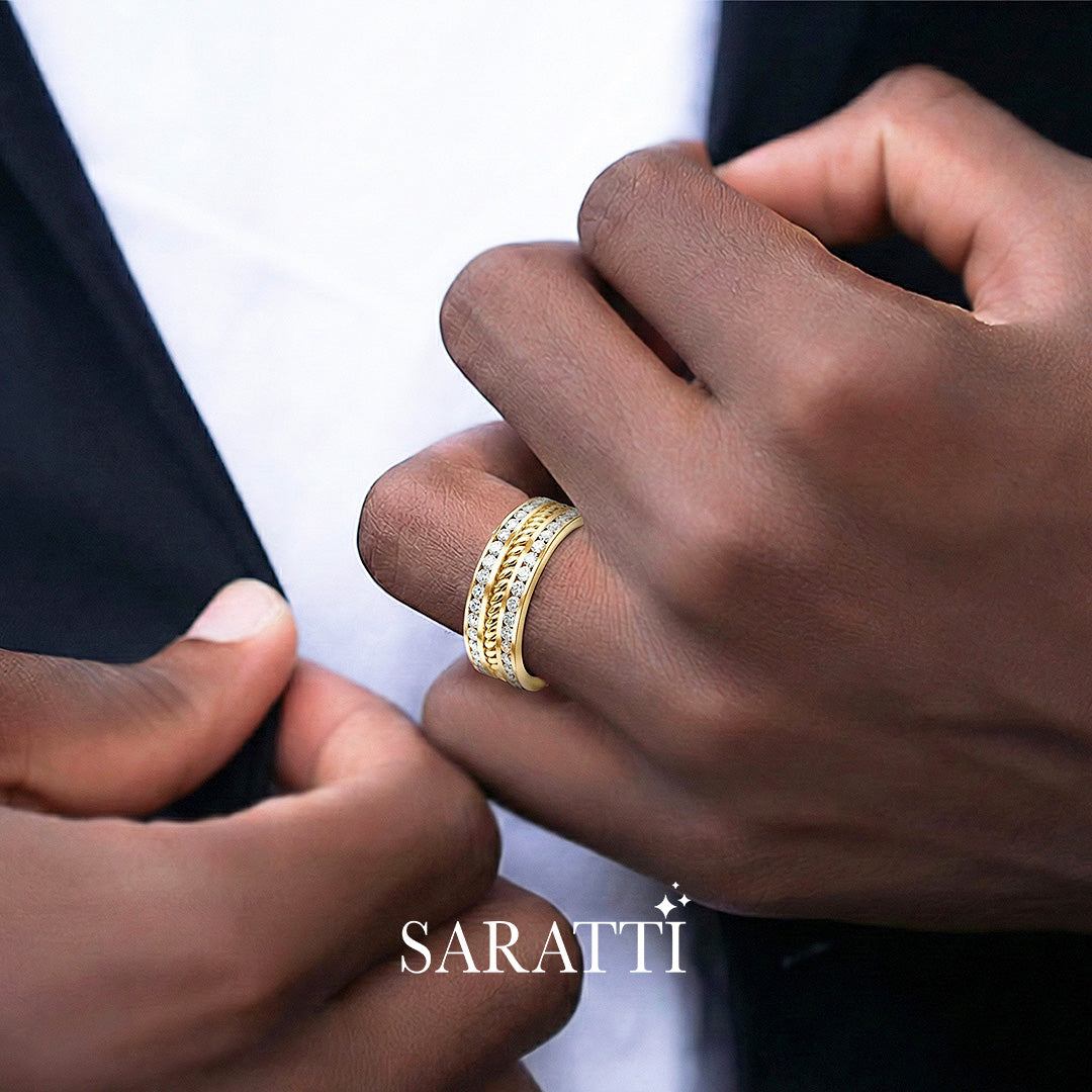 Luxury men’s diamond ring with nautical rope detail in 18K yellow gold - SARATTI