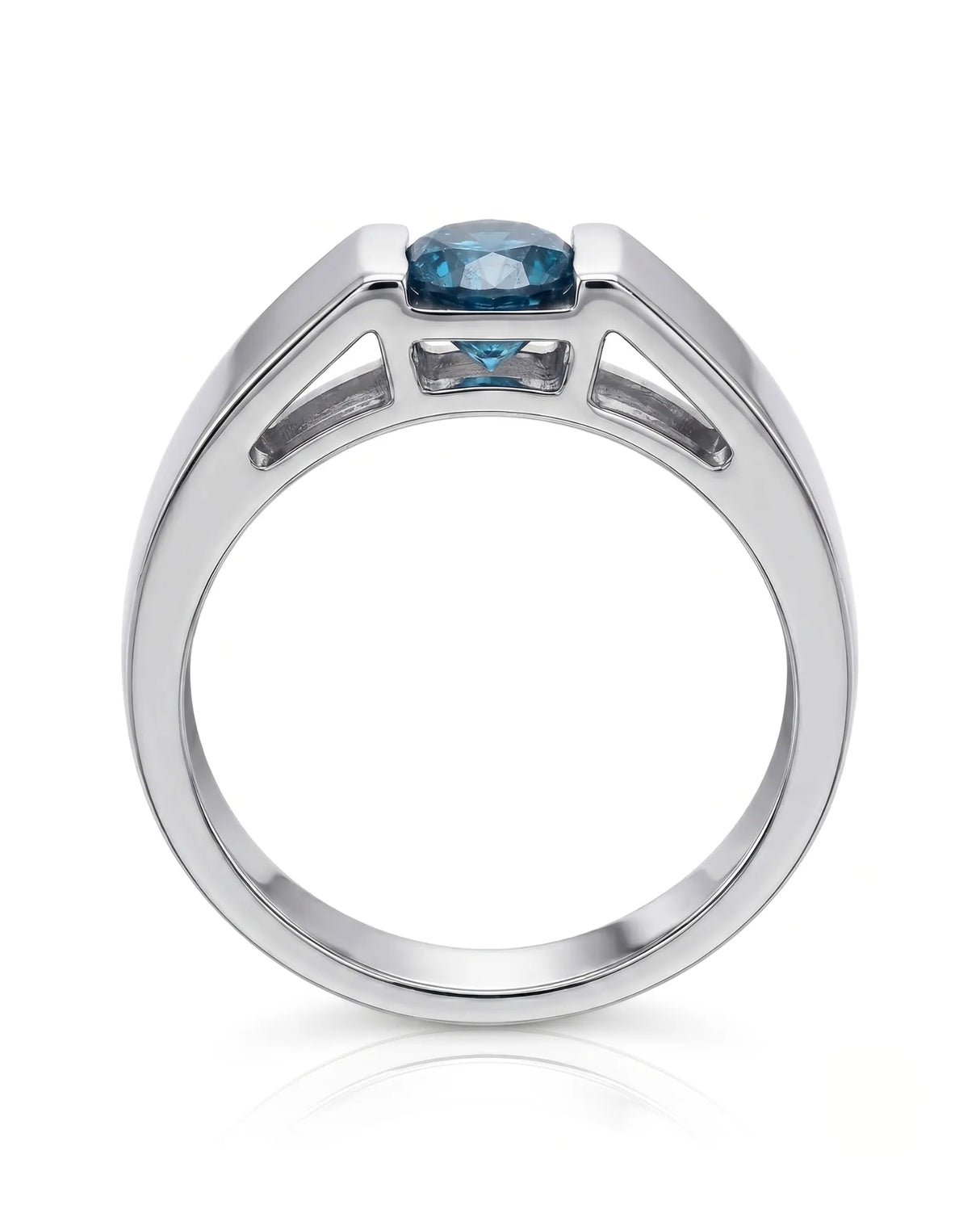 Luxury men’s ring with round blue diamond and substantial architectural band in 18K white gold - SARATTI