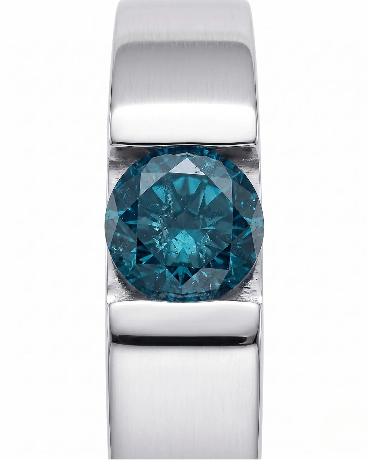 Luxury men’s ring with round blue diamond and substantial architectural band in 18K white gold | SARATTI