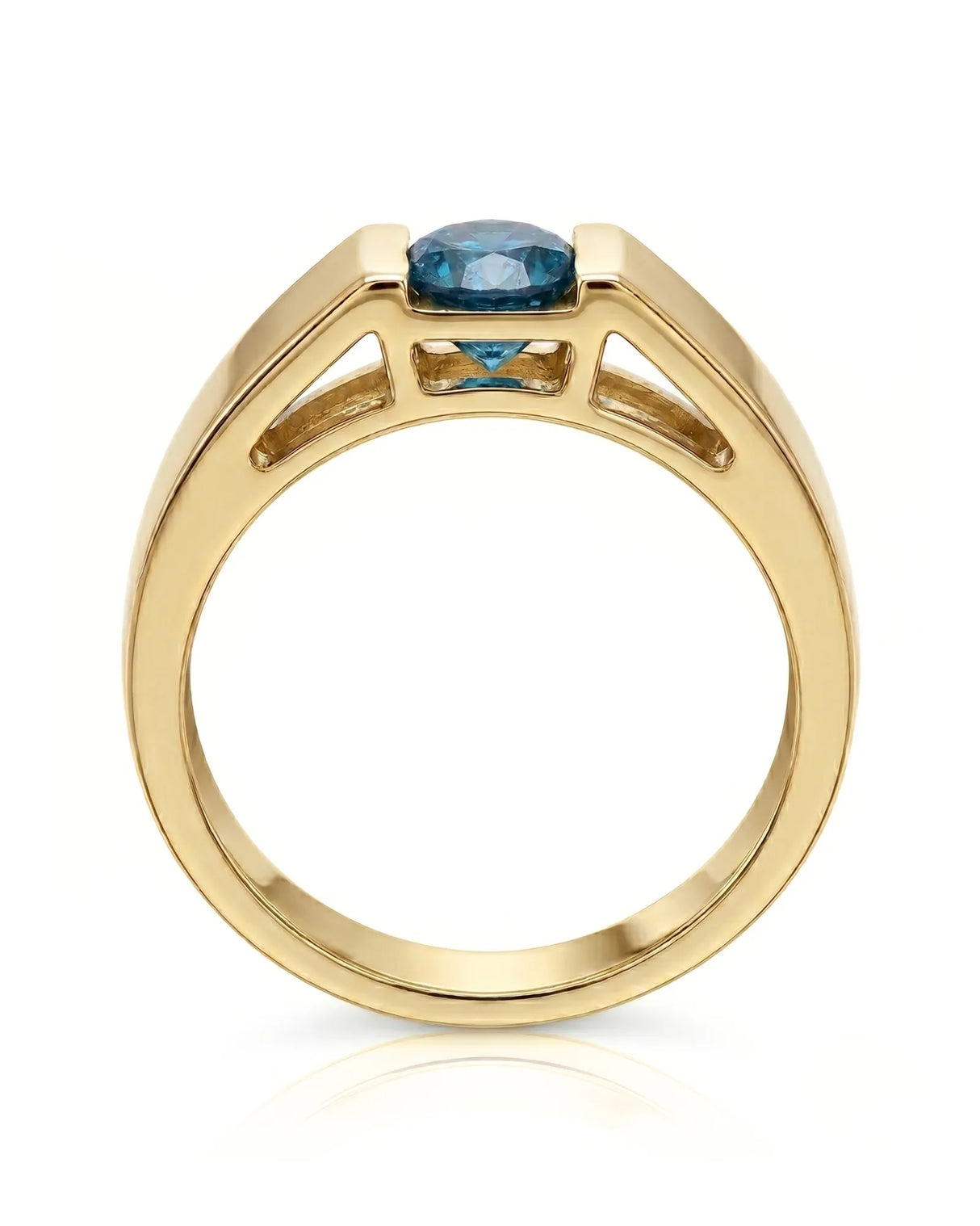 Luxury men’s ring with tension-set blue diamond and substantial 18K yellow gold profile | SARATTI