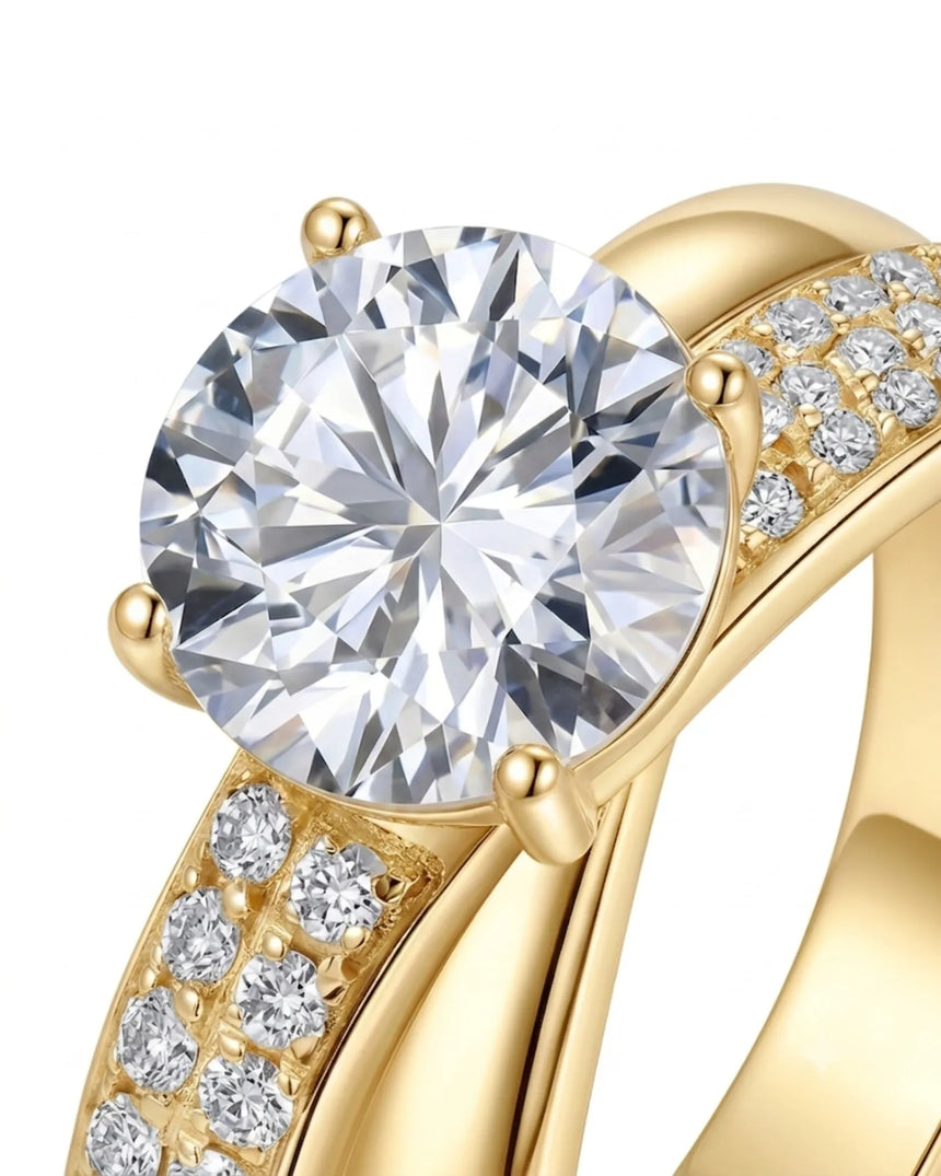 Luxury moissanite engagement ring with floating centre and rich 18K yellow gold craftsmanship | SARATTI