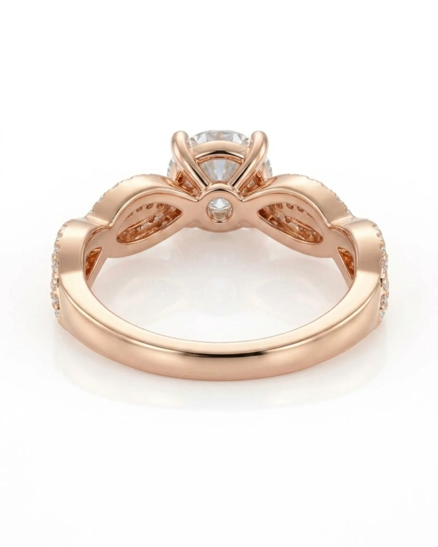 Luxury moissanite solitaire ring with interwoven pavé detailing and 18K rose gold craftsmanship - SARATTI