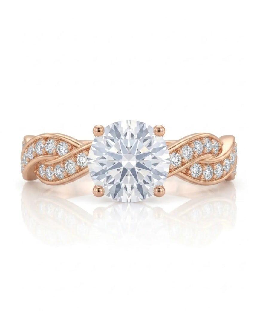 Luxury moissanite solitaire ring with interwoven pavé detailing and 18K rose gold craftsmanship | SARATTI