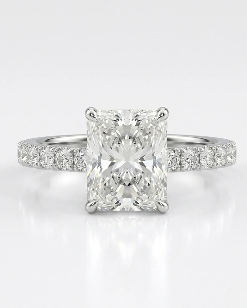 Luxury natural diamond engagement ring with radiant centre and pavé-set 18K white gold band - SARATTI