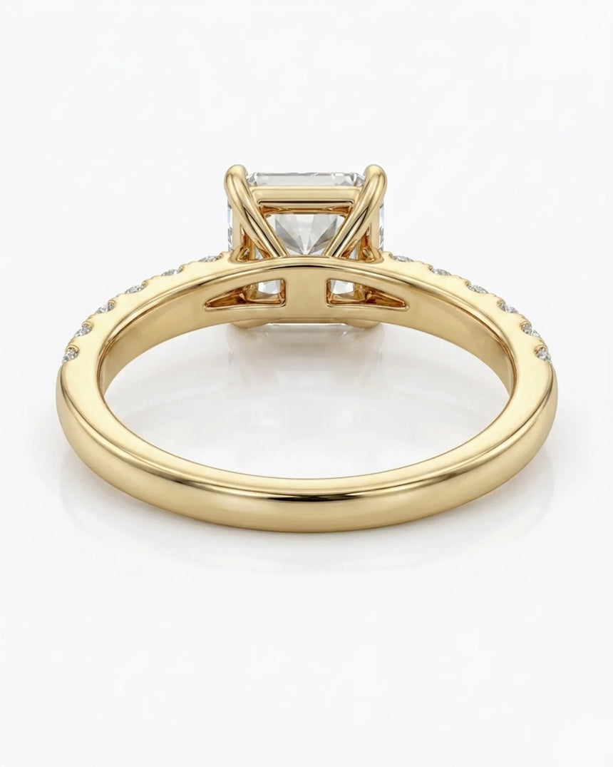 Luxury natural diamond engagement ring with radiant centre and pavé-set 18K yellow gold band - SARATTI