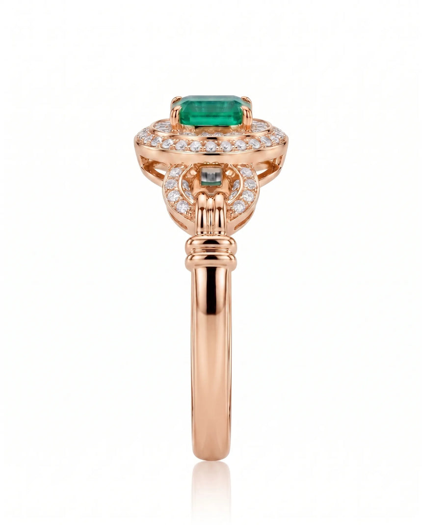 Luxury natural emerald halo ring in 18K Rose Gold with natural diamonds | SARATTI