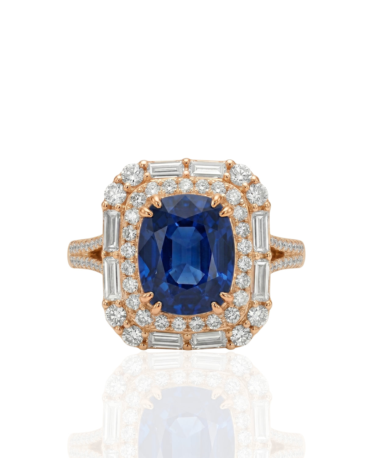 Luxury natural sapphire halo ring with baguette diamond accents in 18K Rose Gold | SARATTI