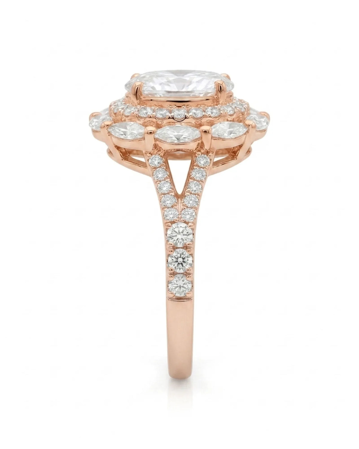 Luxury oval moissanite ring with floral halo and pavé split shank in rose gold | SARATTI