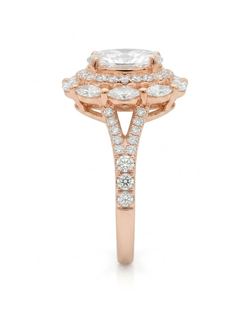 Luxury oval moissanite ring with floral halo and pavé split shank in rose gold | SARATTI