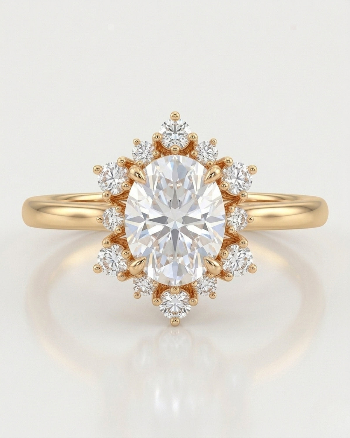 Luxury oval moissanite ring with floral halo and rich yellow gold setting | SARATTI