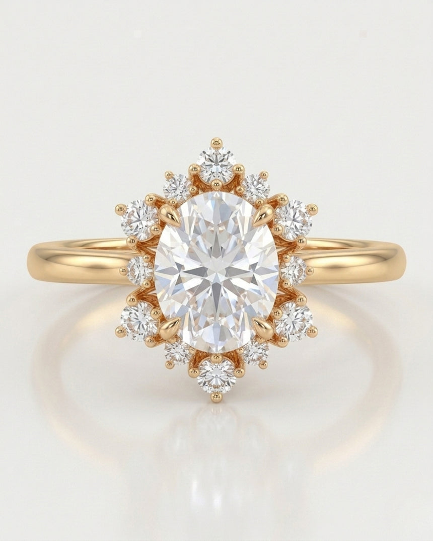 Luxury oval moissanite ring with floral halo and rich yellow gold setting | SARATTI