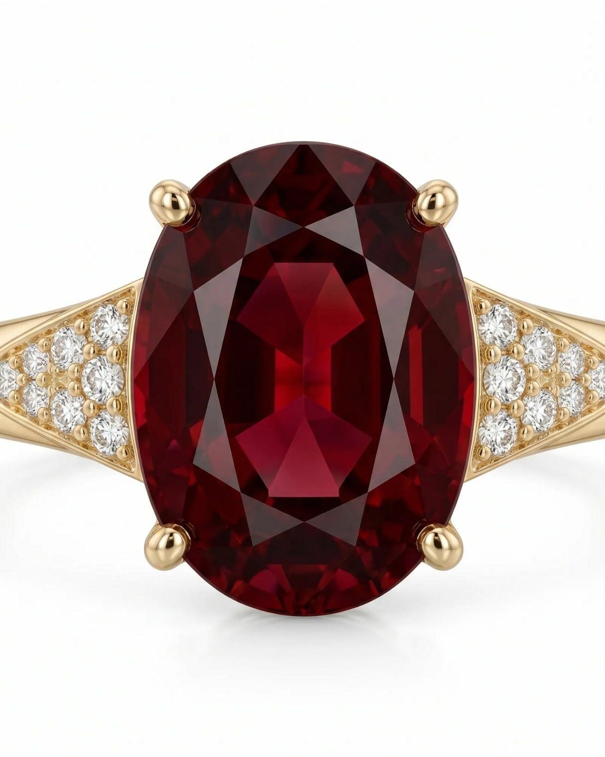 Luxury oval red garnet ring with diamond accents in 18K yellow gold | SARATTI