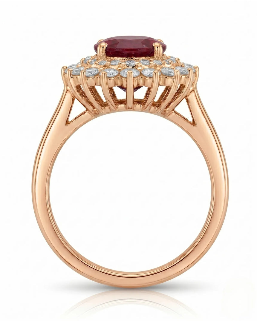 Luxury oval ruby halo ring with brilliant diamonds in refined rose gold | SARATTI