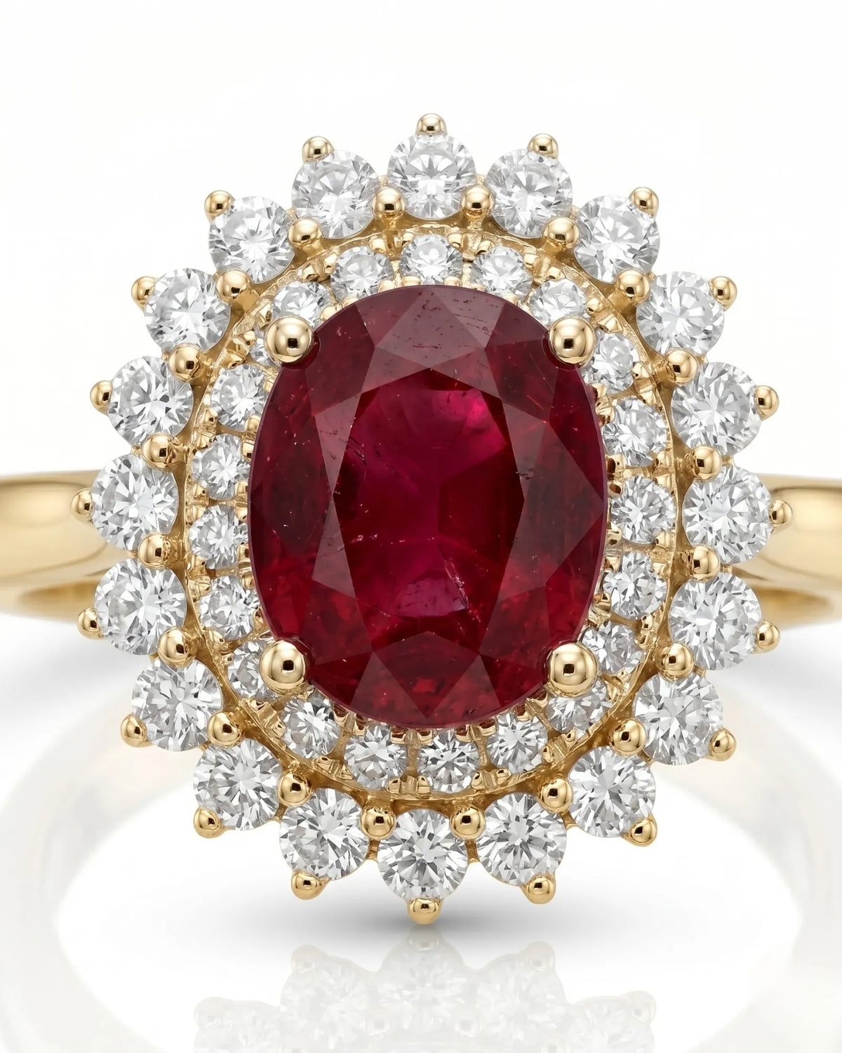 Classic ruby ring with round diamond halo and floral design in yellow gold | SARATTI.