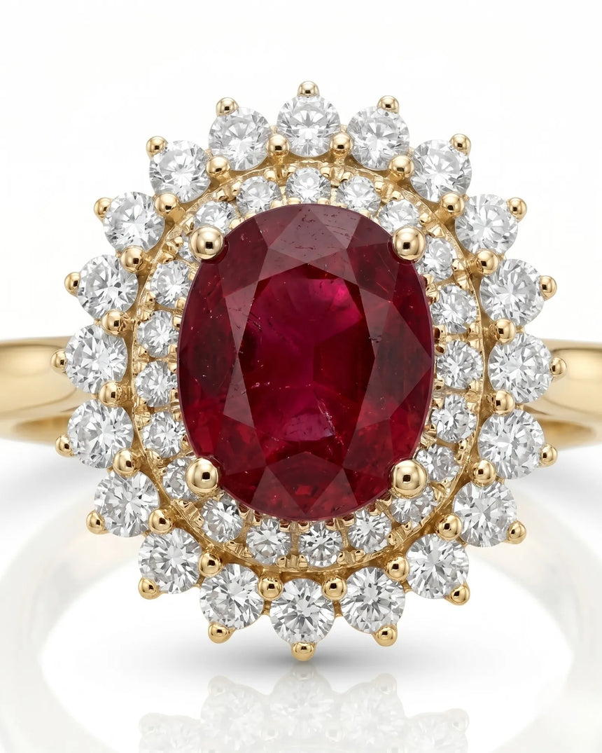 Classic ruby ring with round diamond halo and floral design in yellow gold | SARATTI.