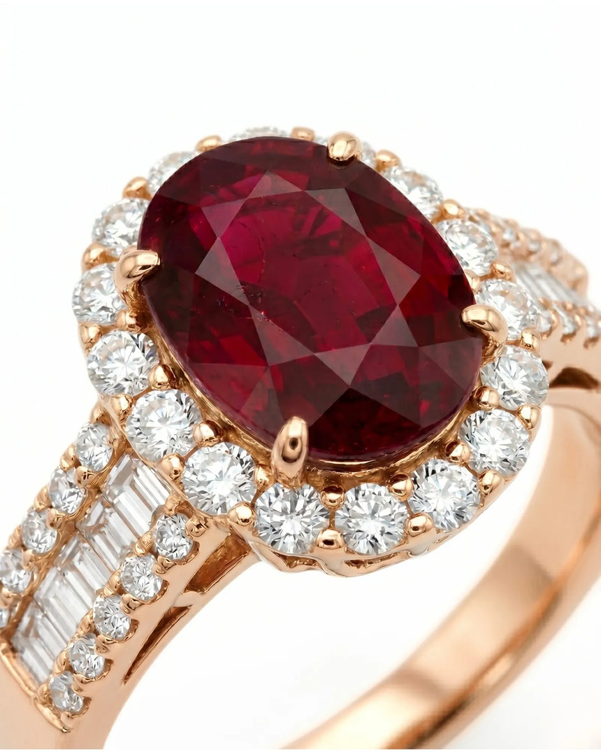 Luxury oval ruby halo ring with diamond shoulders in refined rose gold | SARATTI