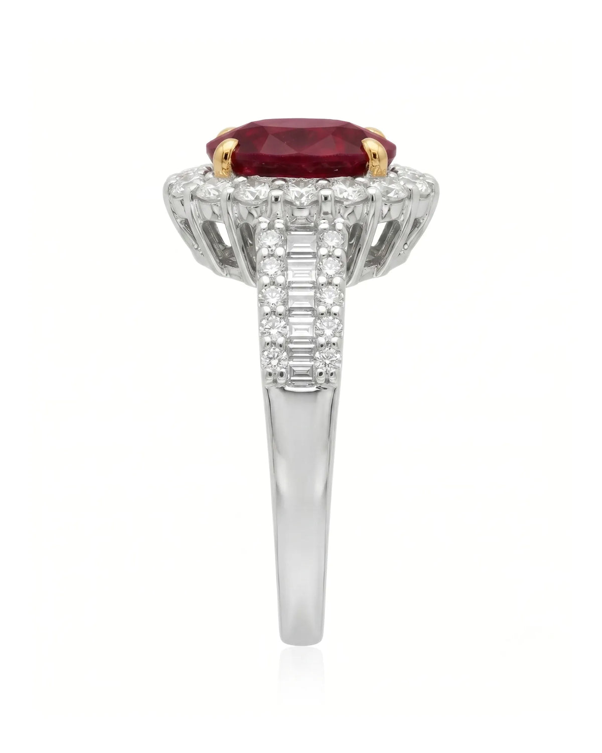 Luxury oval ruby halo ring with diamond shoulders in refined two tone - SARATTI