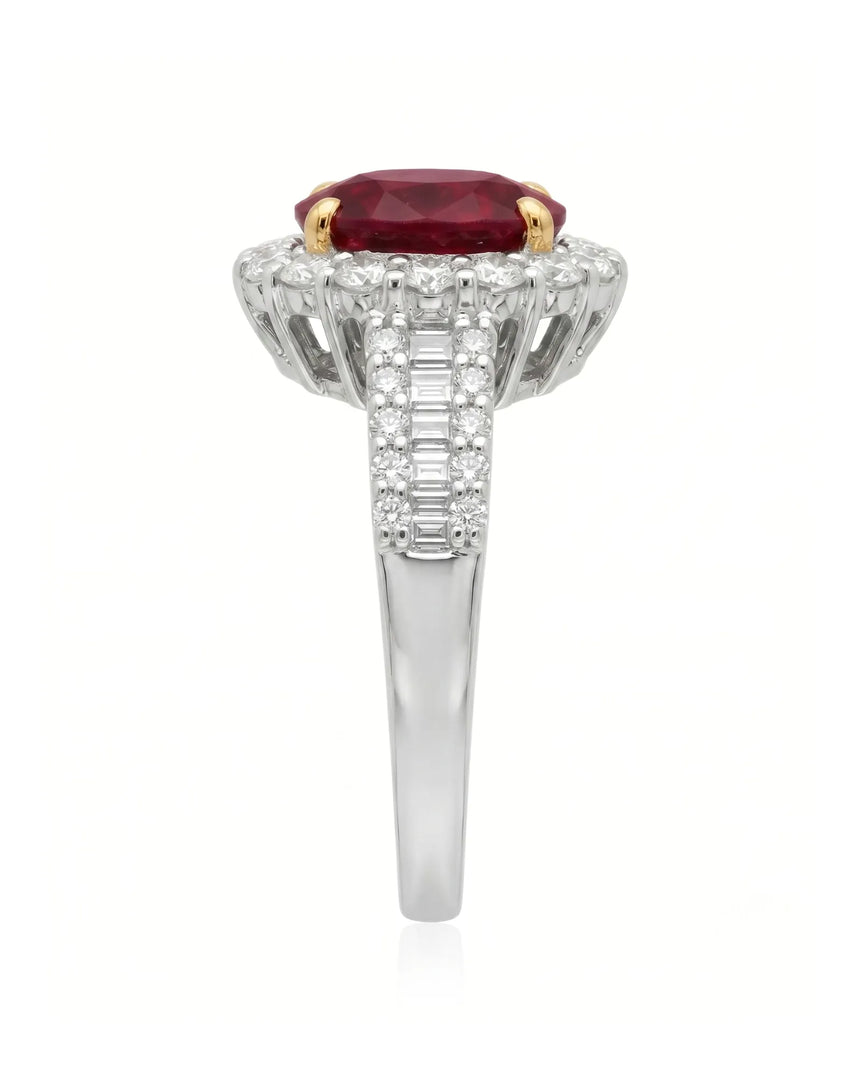 Luxury oval ruby halo ring with diamond shoulders in refined two tone - SARATTI