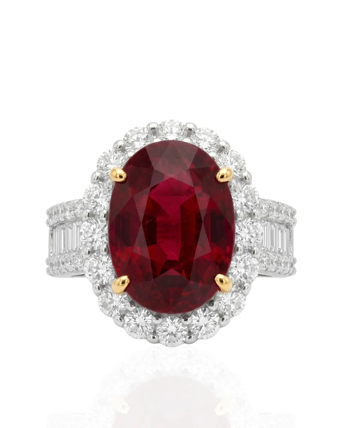 Luxury oval ruby halo ring with diamond shoulders in refined two tone | SARATTI