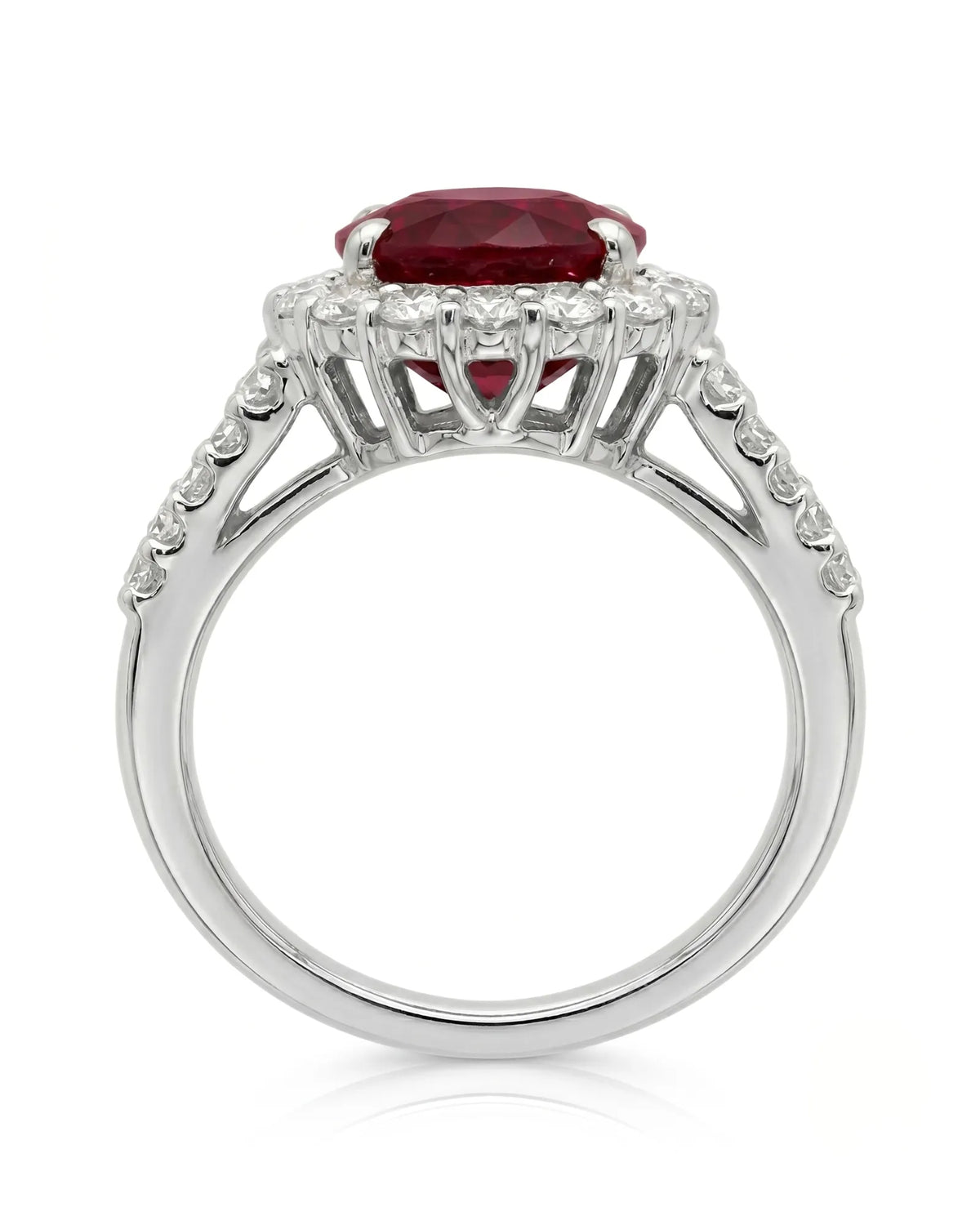 Luxury oval ruby halo ring with diamond shoulders in refined white gold - SARATTI
