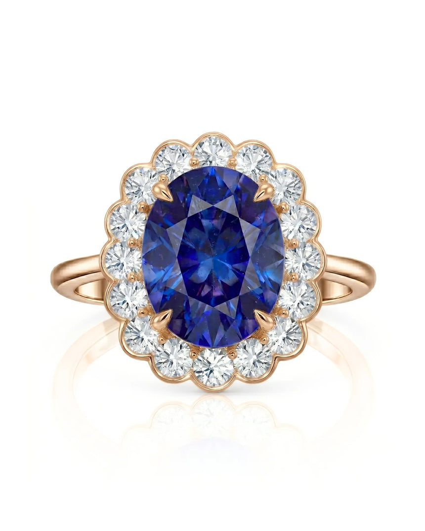 Luxury oval sapphire cocktail ring with diamond halo in 18K rose gold - SARATTI