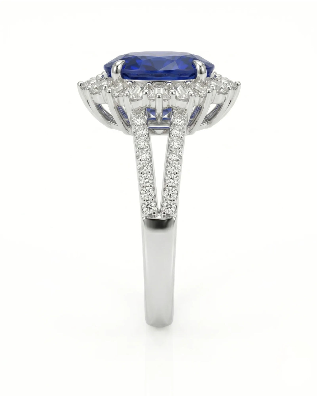 Luxury oval sapphire diamond halo ring crafted in polished 18K white gold - SARATTI