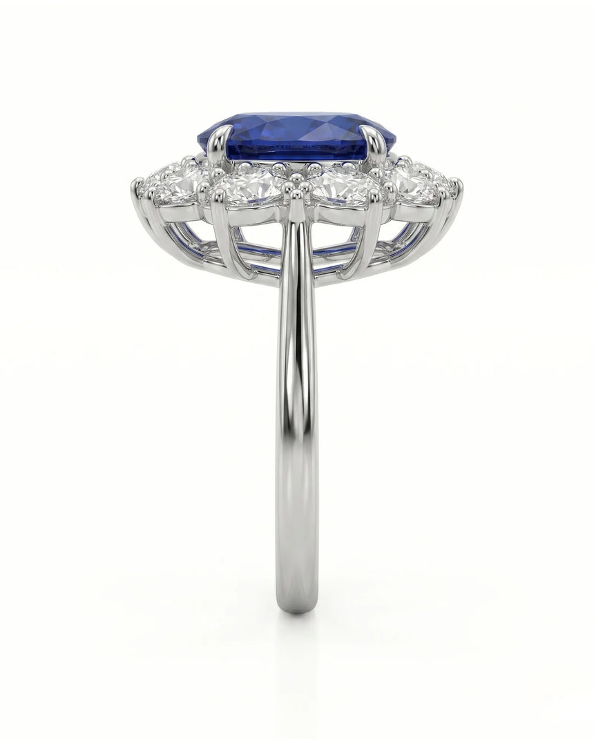 Luxury oval sapphire diamond halo ring crafted in polished 18K white gold SARATTI..