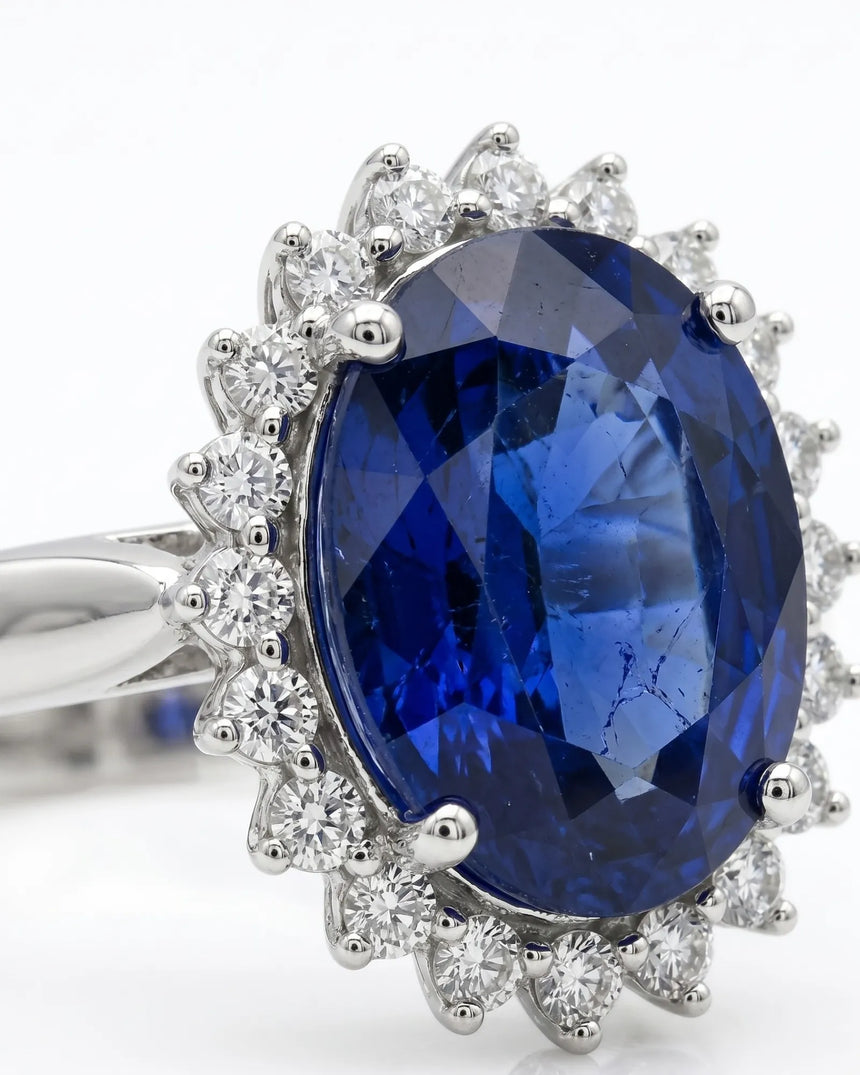 Luxury oval sapphire diamond ring crafted in polished 18K white gold | SARATTI
