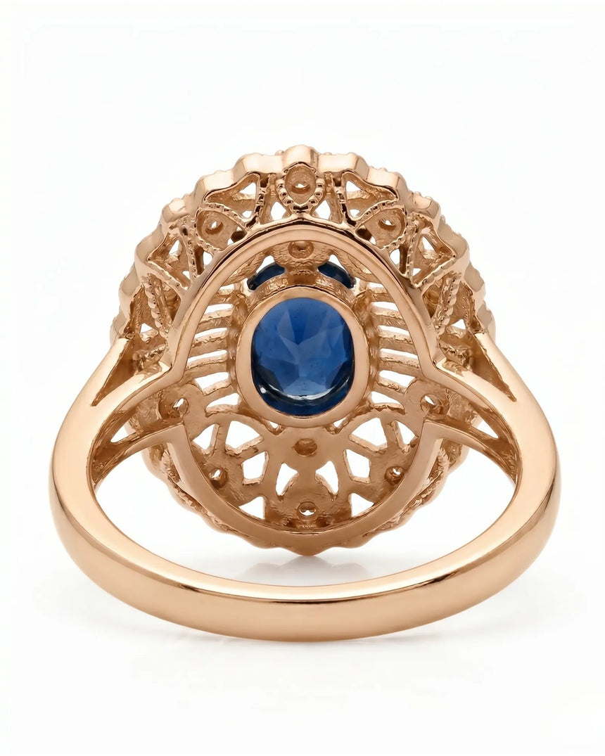 Luxury oval sapphire filigree ring with diamonds crafted in rose gold | SARATTI