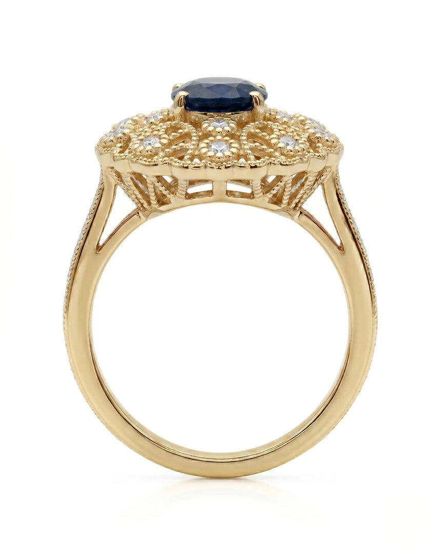 Luxury oval sapphire filigree ring with diamonds crafted in yellow gold | SARATTI
