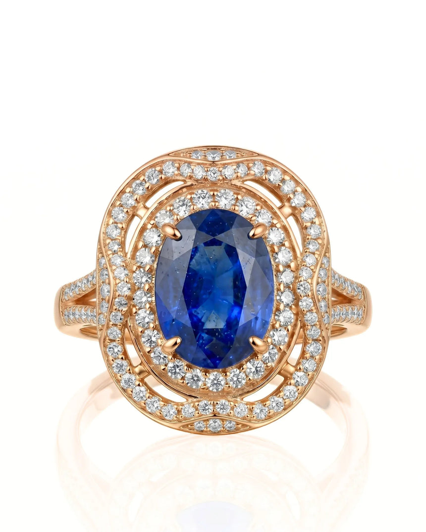 Luxury oval sapphire statement ring with diamond halo in 18K rose gold - SARATTI