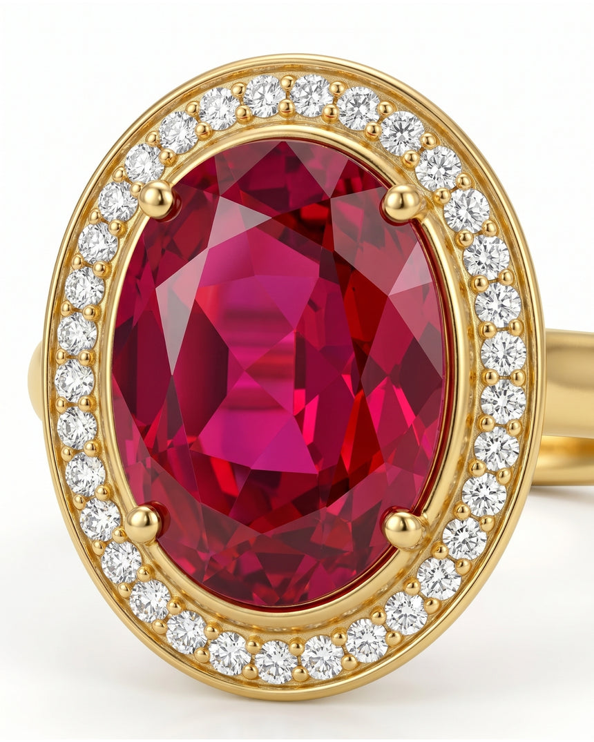 Luxury oval tourmaline and diamond halo ring in refined 18K Yellow Gold | SARATTI