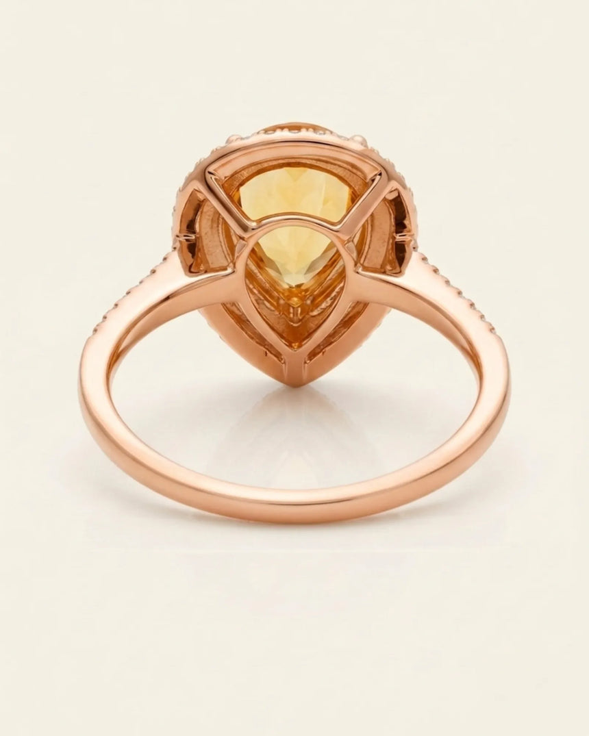Luxury pear-shaped citrine and diamond statement ring handcrafted in romantic 18K rose gold | SARATTI
