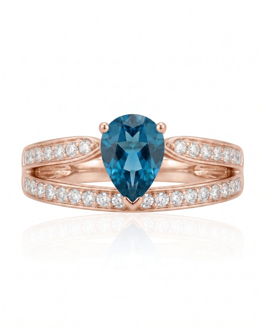 Luxury pear aquamarine ring with diamond split shank in 18K Rose Gold -- SARATTI