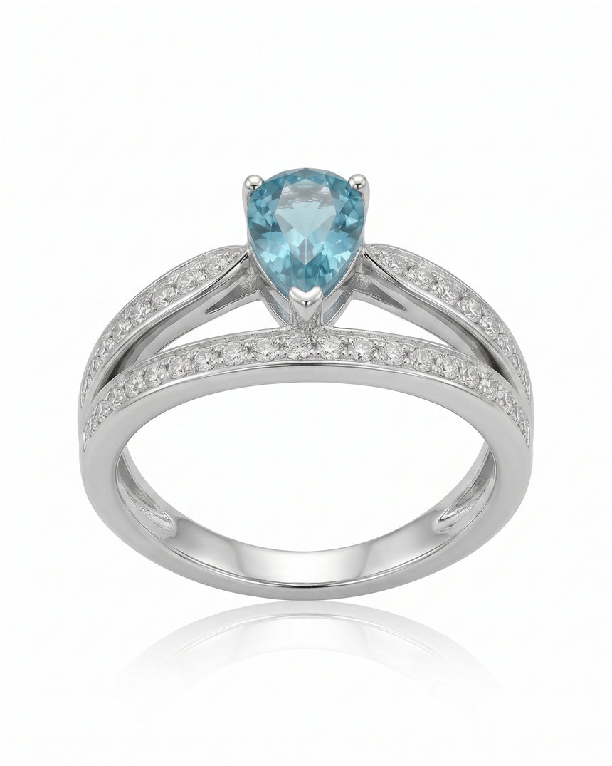 Luxury pear aquamarine ring with diamond split shank in 18K White Gold | SARATTI