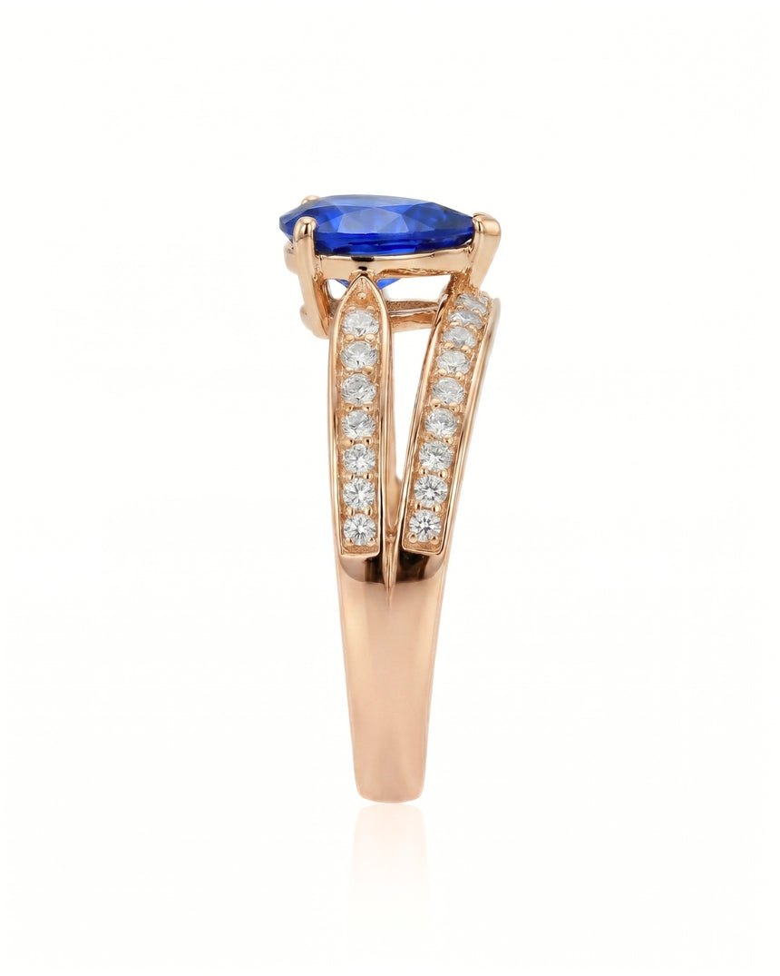 Luxury pear sapphire split shank ring with diamond accents in 18K rose gold -- SARATTI