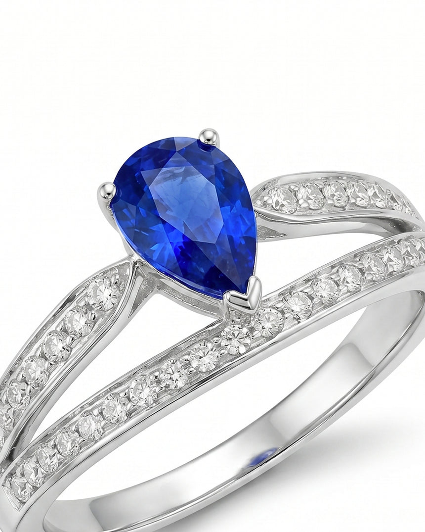 Luxury pear sapphire split shank ring with diamond accents in 18K white gold | SARATTI
