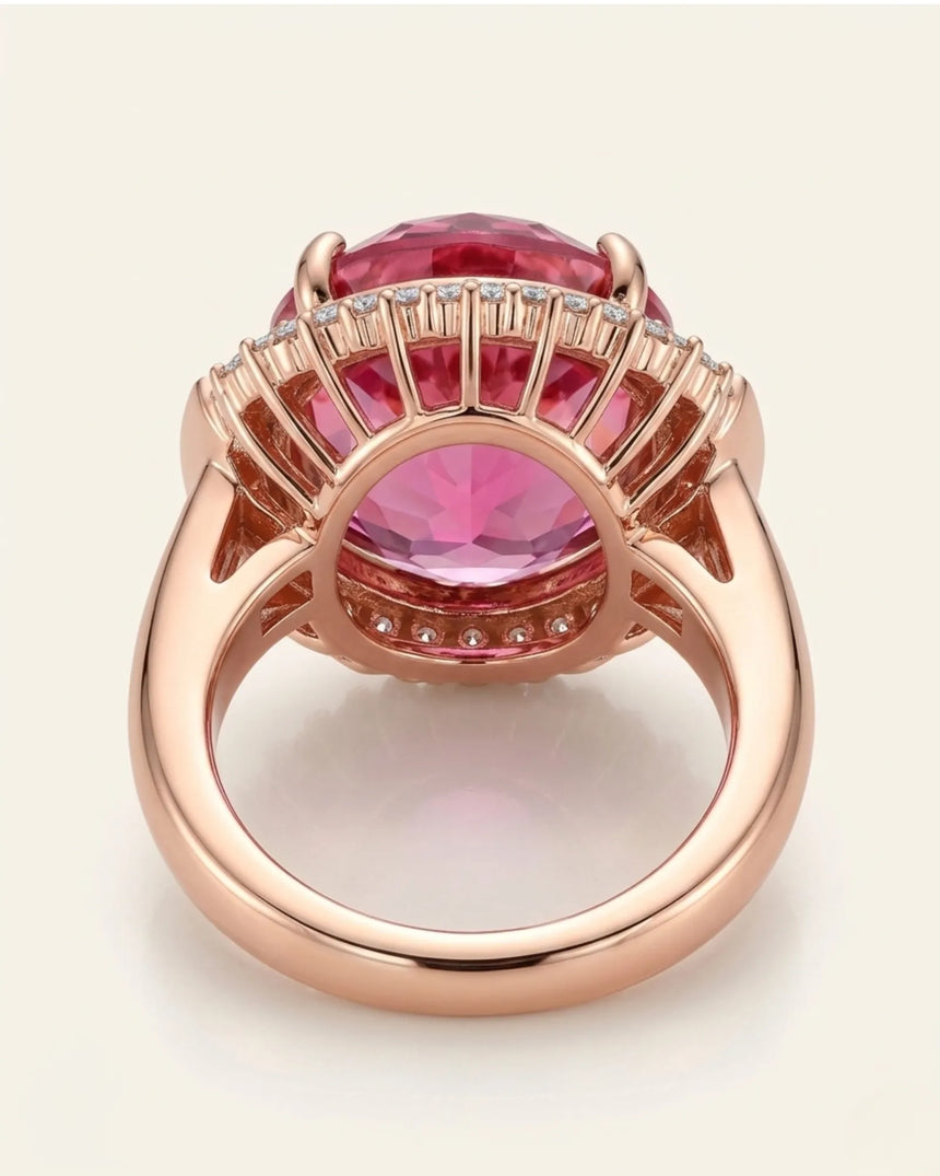 Luxury pink tourmaline and diamond ring in rose gold with refined halo design - SARATTI