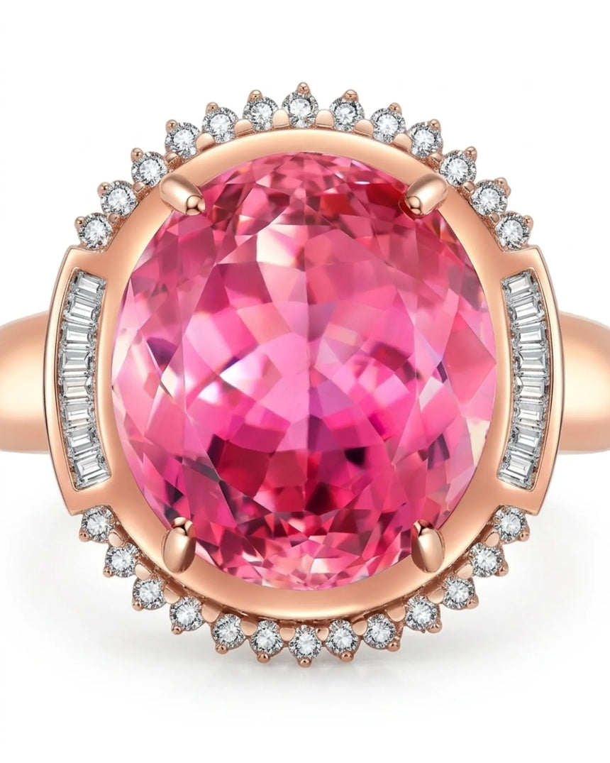 Luxury pink tourmaline and diamond ring in rose gold with refined halo design | SARATTI