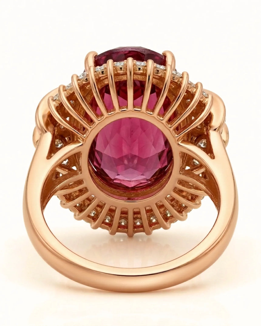 Luxury pink tourmaline and diamond ring in rose gold with sunburst halo design | SARATTI