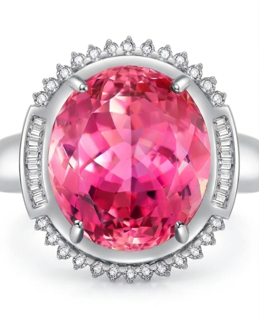 Luxury pink tourmaline and diamond ring in white gold with refined halo design - SARATTI
