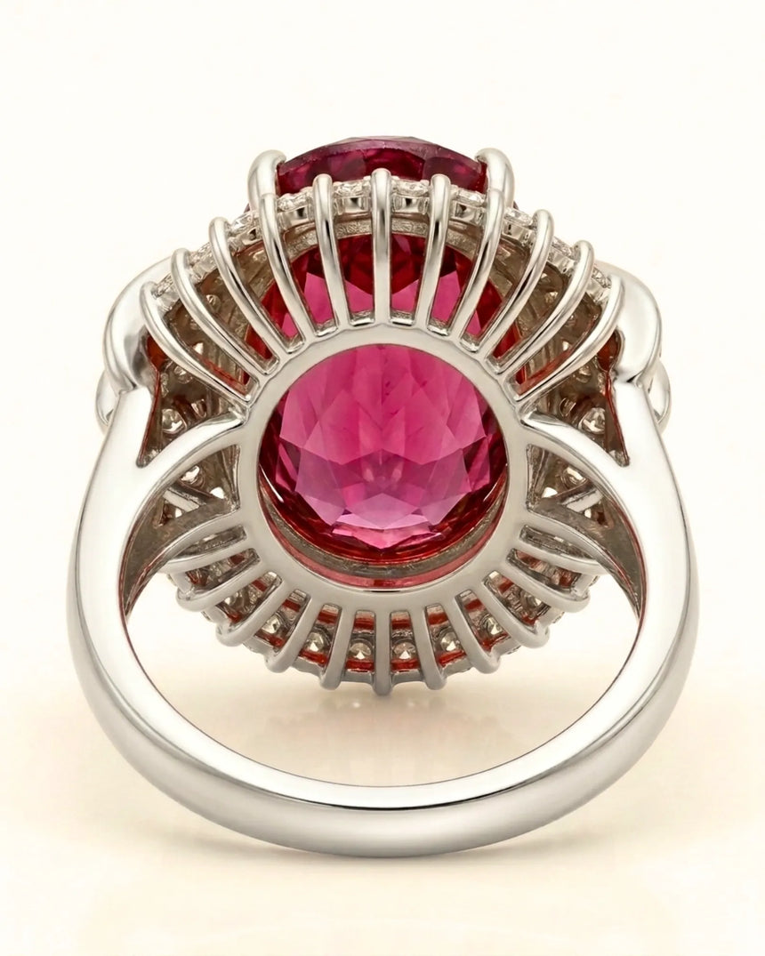Luxury pink tourmaline and diamond ring in white gold with sunburst halo design - SARATTI