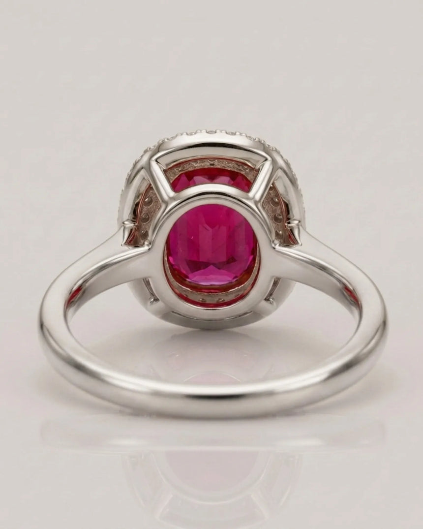 Luxury pink tourmaline ring with radiant diamond halo in 18K white gold | SARATTI