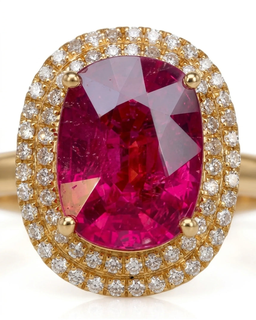 Luxury pink tourmaline ring with radiant diamond halo in 18K yellow gold | SARATTI