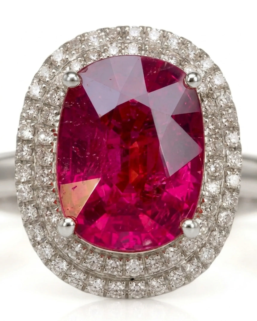 Luxury pink tourmaline ring with radiant diamond halo in platinum | SARATTI
