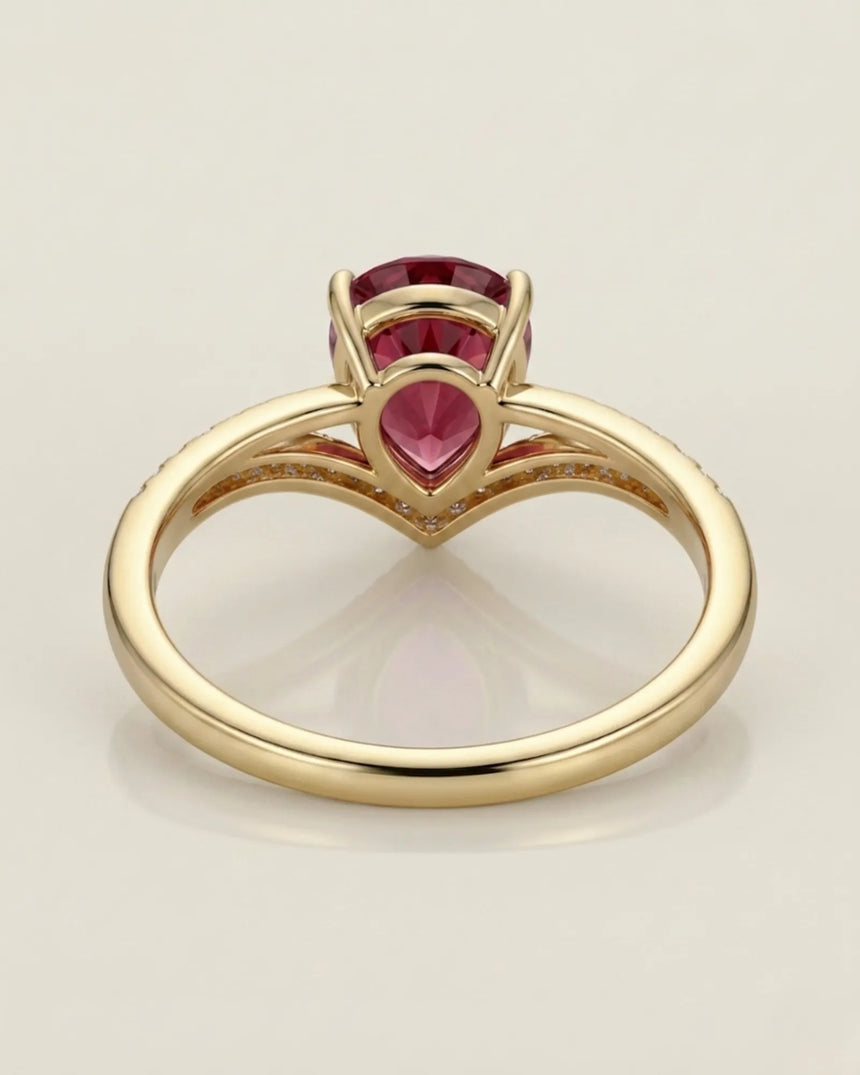 Luxury pink tourmaline ring with teardrop center stone in 18K yellow gold - SARATTI