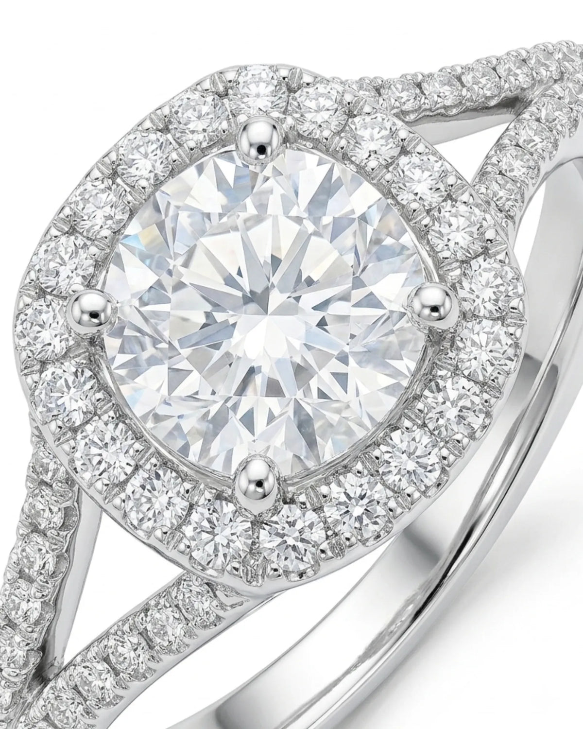 Luxury platinum halo bridal set with round moissanite center and seamless curved wedding band | SARATTI