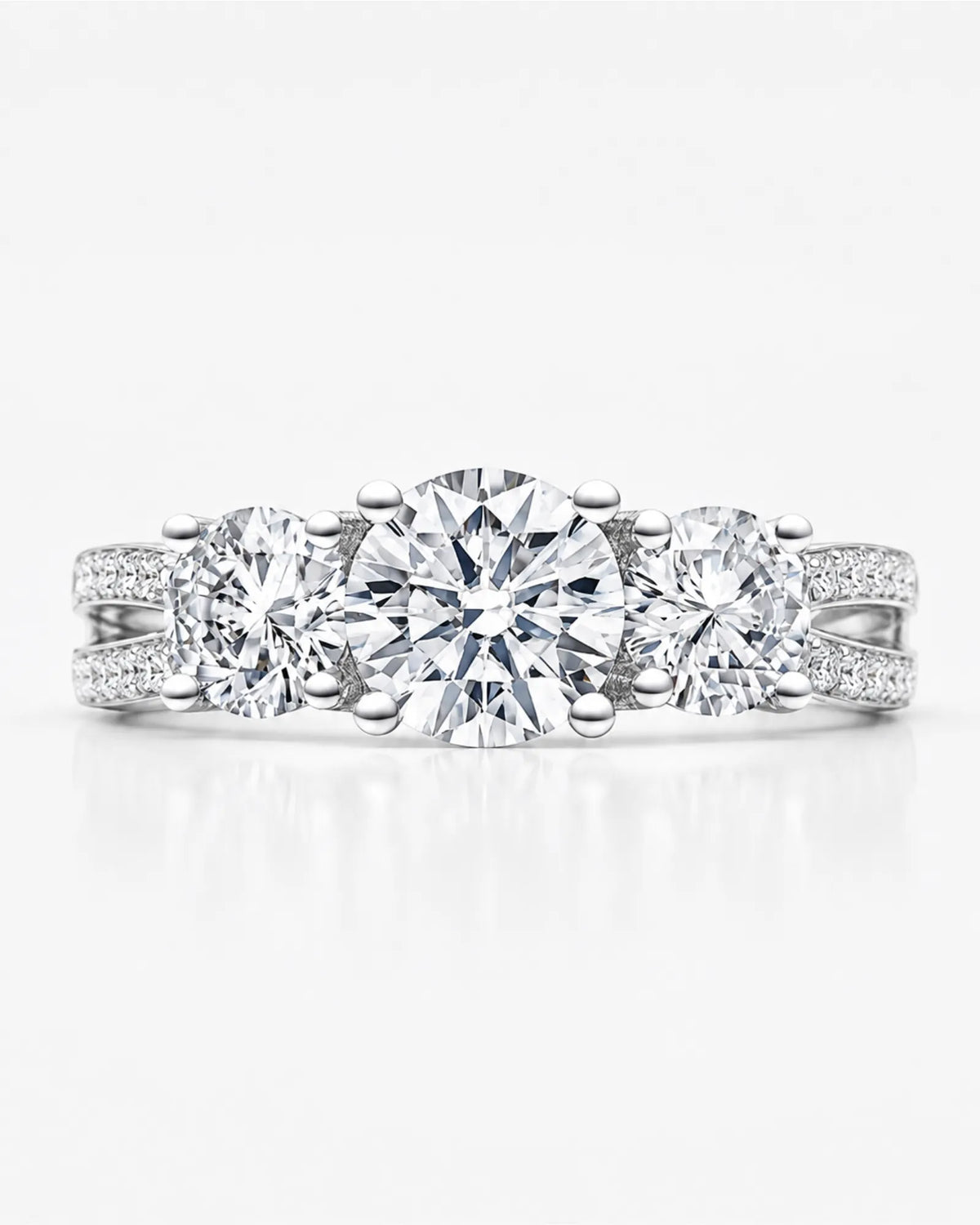 Luxury platinum moissanite split-shank ring with crisp brilliance and refined architectural detailing | SARATTI
