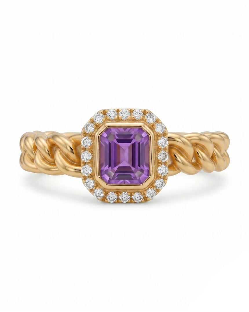 Luxury purple sapphire ring with braided band in 18K Yellow Gold | SARATTI
