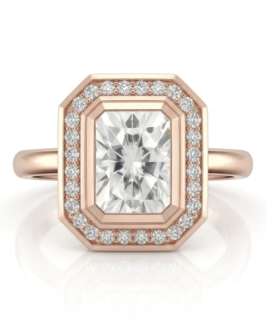 Luxury radiant cut moissanite engagement ring in 18K rose gold | SARATTI